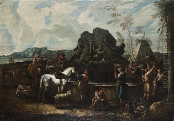 Cavaliers Et Paysans A La Fontaine De Neptune Oil Painting by Pieter Mulier the Younger