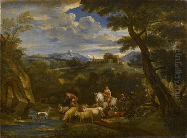 Reisende Und Ein Hirte Mit Seinem Vieh In Einer Flusslandschaft Oil Painting by Pieter Mulier the Younger