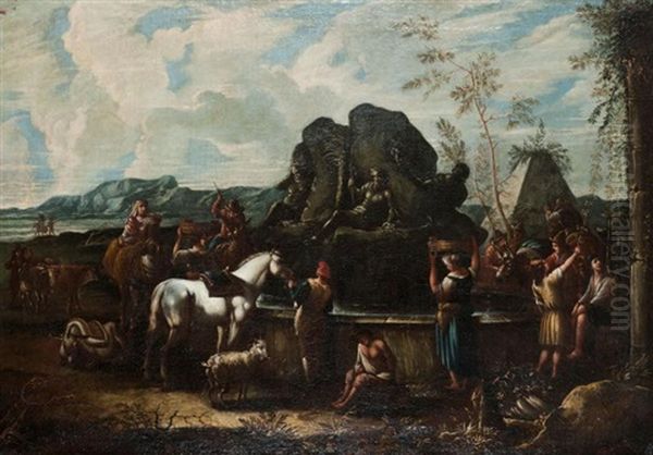 Cavaliers Et Paysans, A La Fontaine De Neptune Oil Painting by Pieter Mulier the Younger