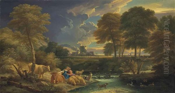 An Extensive River Landscape With Figures And Their Cattle And Sheep Resting By A Stream, A Ruined Castle Beyond Oil Painting by Pieter Mulier the Younger