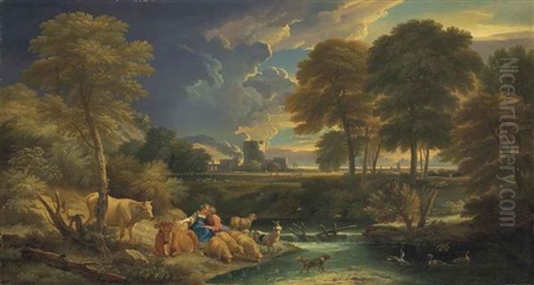 An Extensive River Landscape With Figures And Their Cattle And Sheep Resting By A Stream, A Ruined Castle Beyond Oil Painting by Pieter Mulier the Younger