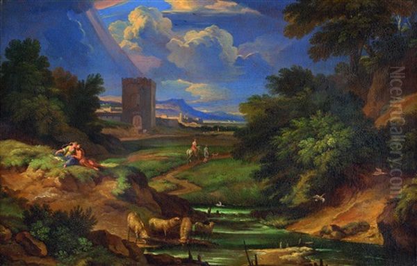 Paesaggio Fluviale Con Figure, Armenti E Torre; Paesaggio Fluviale Con Figure, Femminili E Fortezza Oil Painting by Pieter Mulier the Younger