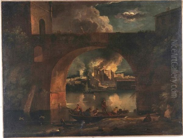 Paesaggio Lacustre Notturno Con Ponte E Citta Incendiata Oil Painting by Pieter Mulier the Younger