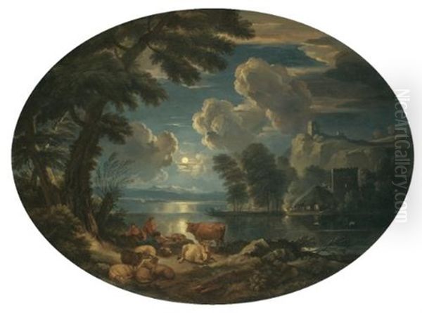 A Moonlit Scene With A Shepherd And Shepherdess Resting With Their Herd Beside A Lake Oil Painting by Pieter Mulier the Younger