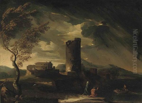 A Storm Gathering With Figures On The Bank Of A River Beside Classical Ruins Oil Painting by Pieter Mulier the Younger