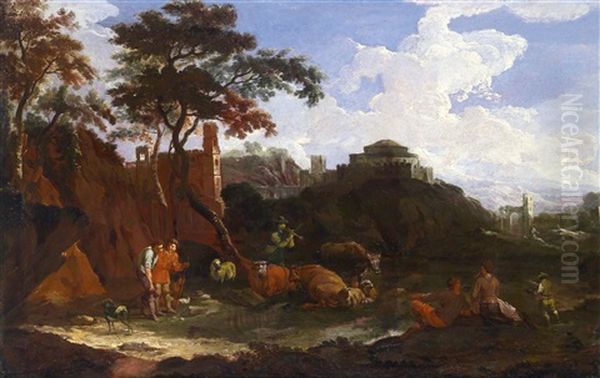 Weite Sudliche, Gebirgige Landschaft Mit Ruinen, Einem Kastell Mit Hirten Und Herde Oil Painting by Pieter Mulier the Younger