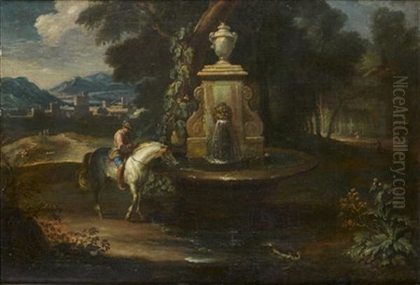 Cavalier A La Fontaine Oil Painting by Pieter Mulier the Younger