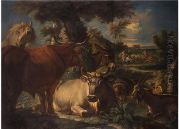 Landschaft Mit Rindern, Pferd, Esel Und Horntieren Mit Mythologischer Darstellung Oil Painting by Pieter Mulier the Younger