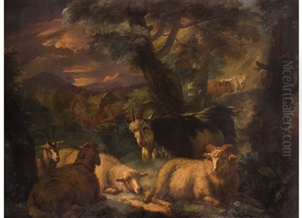 Waldlandschaft Mit Ziegen, Schafen Und Rindern Sowie Der Mythologischen Darstellung Von Hermes Beim Besuch Des Rinderhirten Battus Oil Painting by Pieter Mulier the Younger