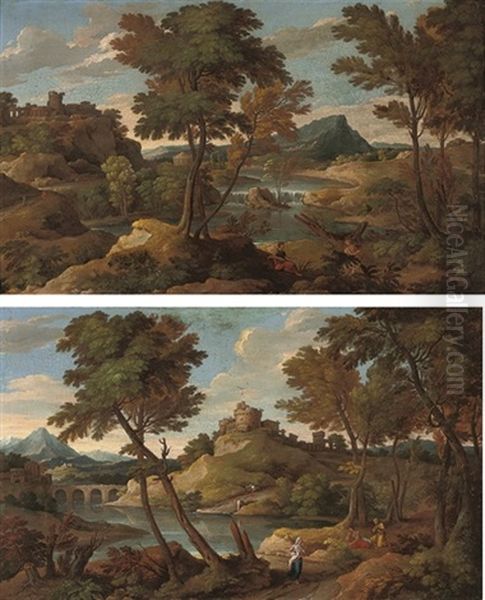 An Extensive Italianate Landscape With Figures On A Bank (+ An Italianate Landscape With Travellers Conversing; Pair) Oil Painting by Pieter Mulier the Younger