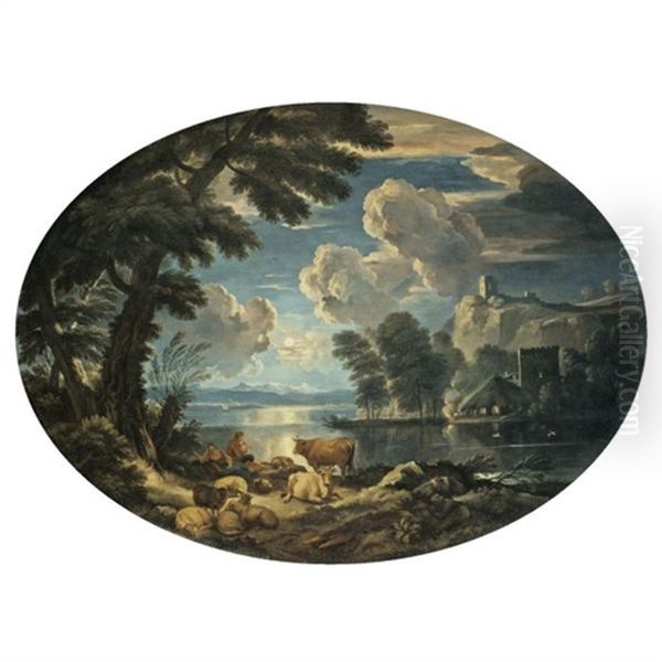 A Moonlit Pastoral Scene With A Shepherd Resting His Flock By A Lake Oil Painting by Pieter Mulier the Younger