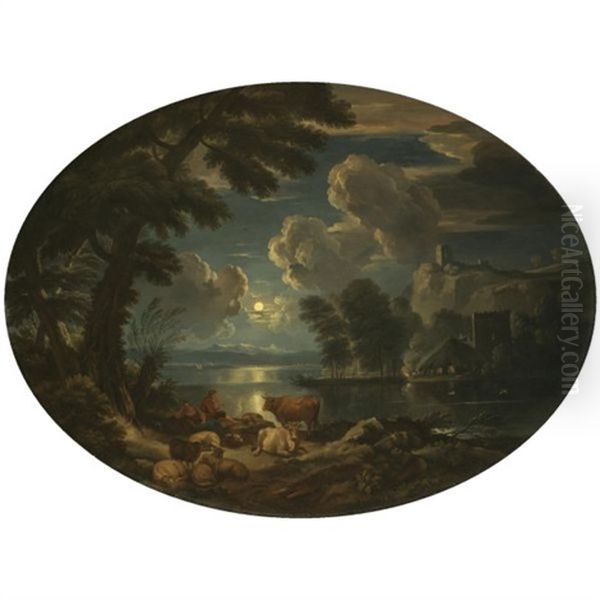 A Moonlit Pastoral Scene With A Shepherd Resting His Flock By A Lake Oil Painting by Pieter Mulier the Younger