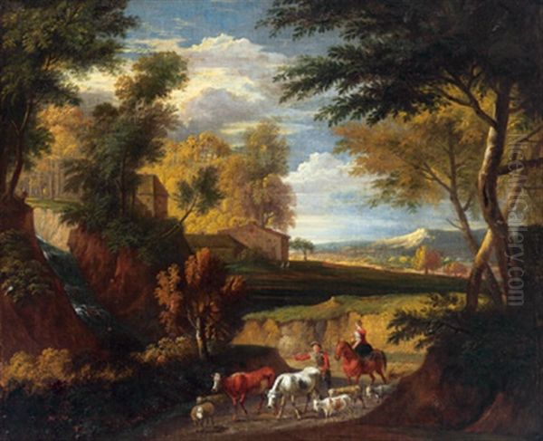 Weite, Bewaldete Landschaft Mit Hirt Und Herde Oil Painting by Pieter Mulier the Younger