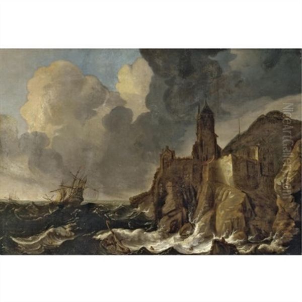 A Stormy Coastal Scene With Ships Being Wrecked Before A Clifftop Town Oil Painting by Pieter Mulier the Younger