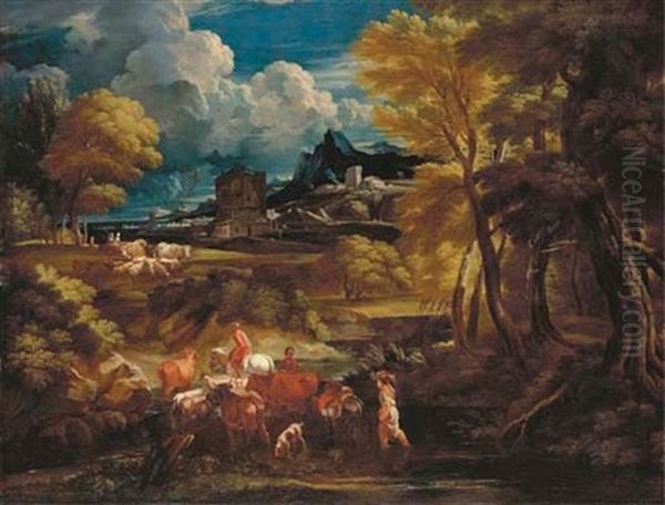 An Italianate Landscape With Herdsmen Crossing A Stream Oil Painting by Pieter Mulier the Younger