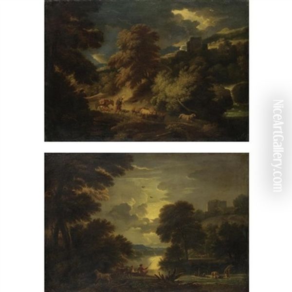 Pastore Col Gregge (+ Pescatori Presso Un Fiume; Pair) Oil Painting by Pieter Mulier the Younger