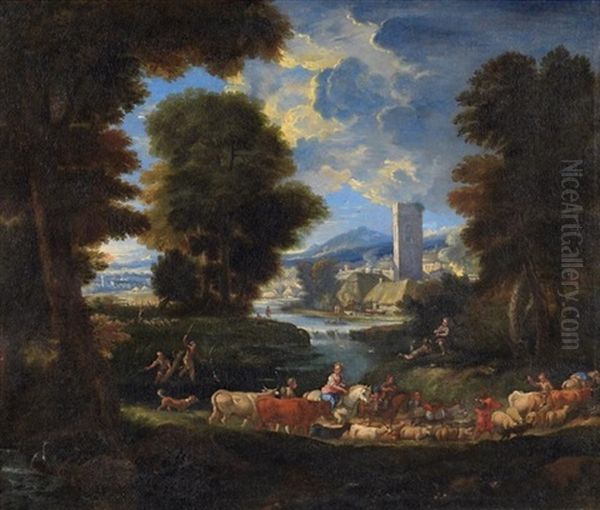 Hirten Mit Ihrer Viehherde Vor Weiter Fluss- Und Gebirgslandschaft Oil Painting by Pieter Mulier the Younger