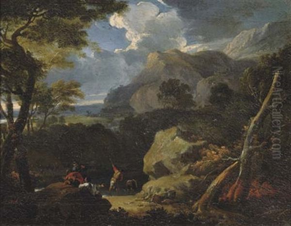 A Mountainous Landscape With Peasants Fishing By A Stream At The Edge Of A Wood Oil Painting by Pieter Mulier the Younger