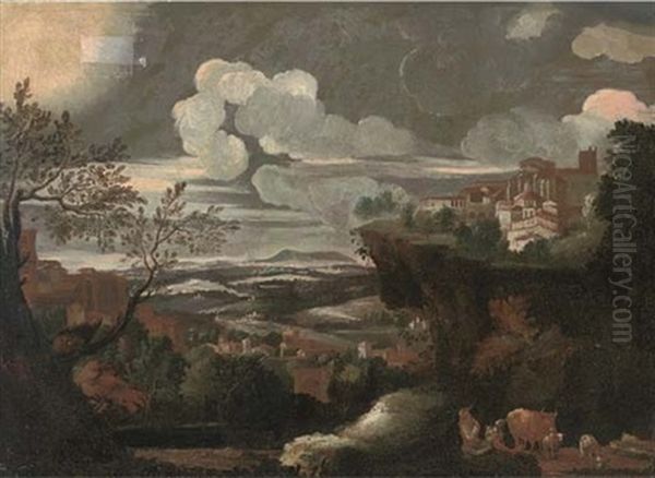 An Extensive Mountainous Landscape, With A Shepherd And His Flock, A Town Beyond Oil Painting by Pieter Mulier the Younger