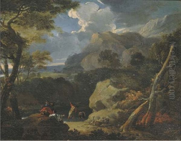 A Mountainous Landscape With A Peasant Fishing By A Stream At The Edge Of A Wood Oil Painting by Pieter Mulier the Younger