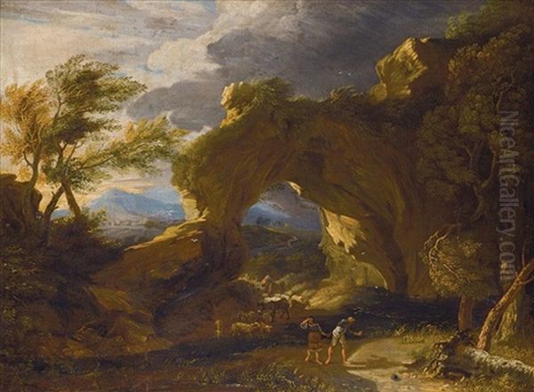 A Stormy Italianate Landscape With Drovers And Their Animals Fording A Stream Oil Painting by Pieter Mulier the Younger