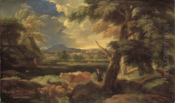 An Italianate Landscape With A Herdsman Watering His Livestock Oil Painting by Pieter Mulier the Younger