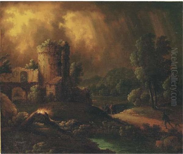 Paesaggio Con Temporale, Viandanti E Borgo Turrito In Lontananza Oil Painting by Pieter Mulier the Younger