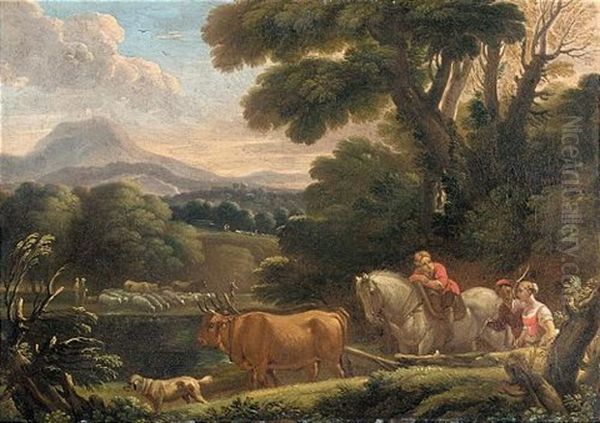 Italianate Landscape With Drovers And Their Animals Beside A River Oil Painting by Pieter Mulier the Younger