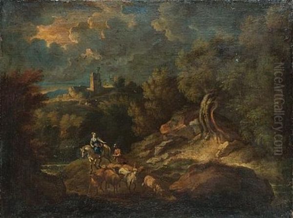 An Italianate Landscape With A Shepherd And His Flock With A Young Woman Riding A Horse, A View To A Village Beyond Oil Painting by Pieter Mulier the Younger