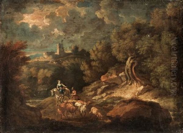 Italianate Landscape With A Drover And Their Animals Beside A River, A Hill Top Town Beyond Oil Painting by Pieter Mulier the Younger