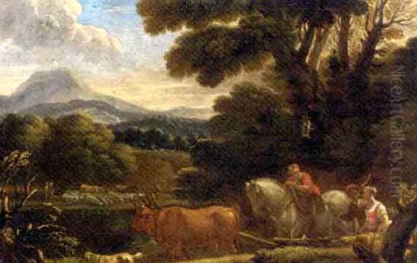 A Landscape With Farm Hands And An Ox-plough Oil Painting by Pieter Mulier the Younger