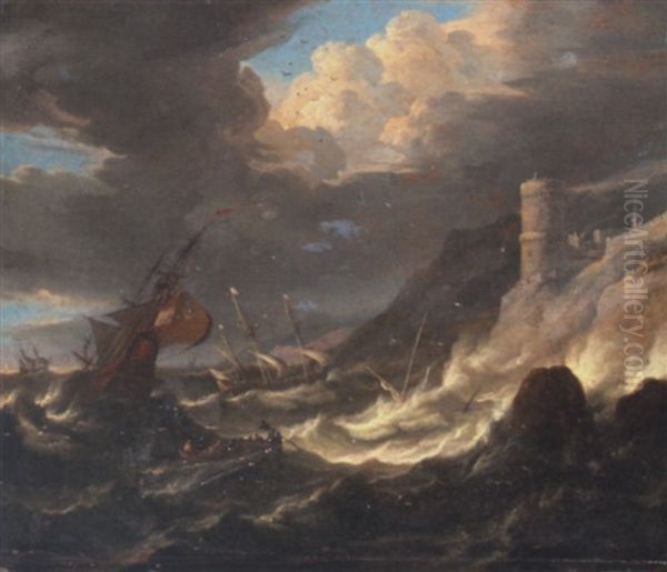 Shipping Off A Rocky Coast In A Storm Oil Painting by Pieter Mulier the Younger