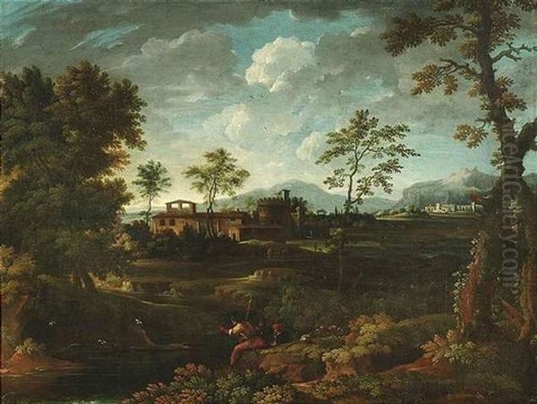 Baumreiche Italienische Landschaft Mit Rastenden Soldaten An Einem Flusufer Und Einem Kastell Im Hintergrund Oil Painting by Pieter Mulier the Younger