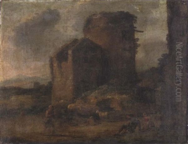 Rastende Hirten Vor Einem Zerfallendem Kastell In Italienischer Landschaft Oil Painting by Pieter Mulier the Younger