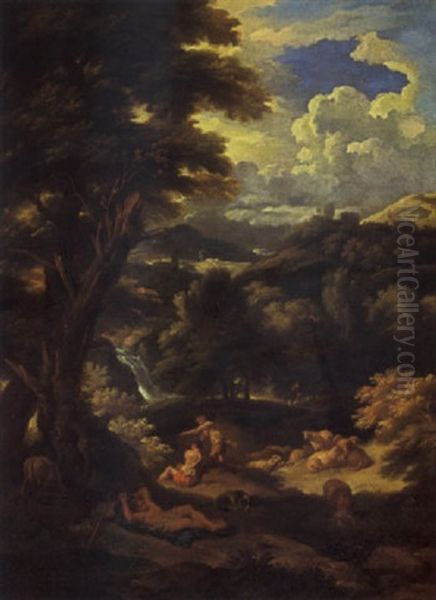 A Pastoral Landscape With Shepherds And Their Sheep Resting, A Waterfall Beyond Oil Painting by Pieter Mulier the Younger