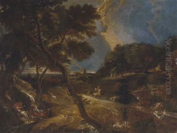 An Extensive Landscape With A Stag Hunt Oil Painting by Pieter Mulier the Younger