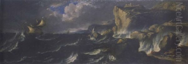 A Shipwreck And A Man O' War Off A Rocky Coastline In Stormy Waters Oil Painting by Pieter Mulier the Younger