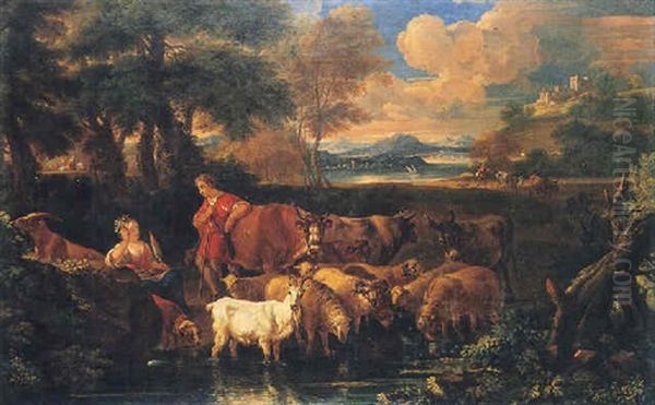 An Arcadian Landscape With A Shepherd And Shepherdess With Their Flocks Beside A Stream Oil Painting by Pieter Mulier the Younger