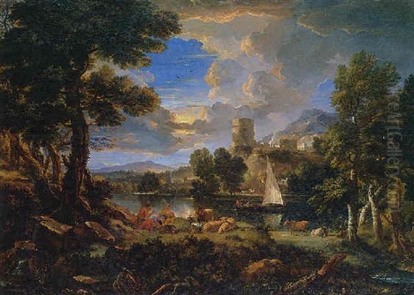 A Mountainous River Landscape With A Shepherd And Shepherdess, (daphins And Chloe?) Oil Painting by Pieter Mulier the Younger