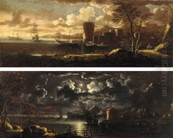 A Fortified Mediterranean Harbour With Figures On An Outcrop Oil Painting by Pieter Mulier the Younger