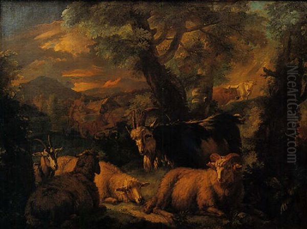 Paesaggio Con Animali, Mercurio E Bacco Oil Painting by Pieter Mulier the Younger