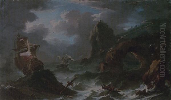 A Coastal Landscape With Shipping In A Storm, Figures Shipwrecked In The Foreground Oil Painting by Pieter Mulier the Younger