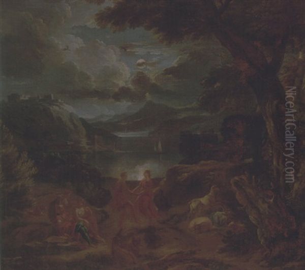 A Pastoral Scene With Shepherds And Nymphs Dancing In The Moonlight By The Edge Of A Lake Oil Painting by Pieter Mulier the Younger