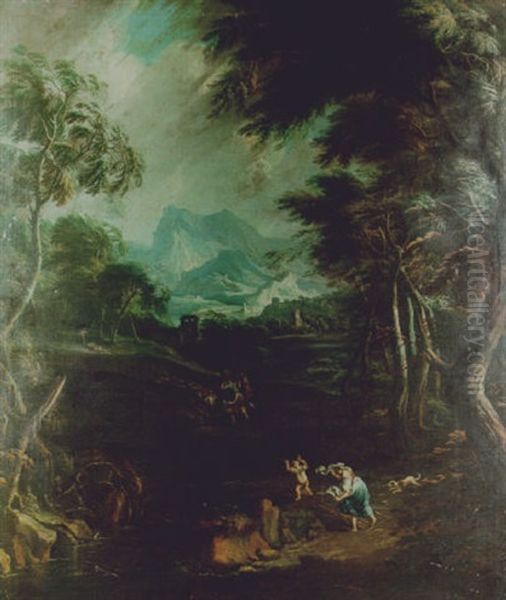 A Wooded River Landscape With Peasants And Farm Animals Fleeting From An Oncoming Storm Oil Painting by Pieter Mulier the Younger