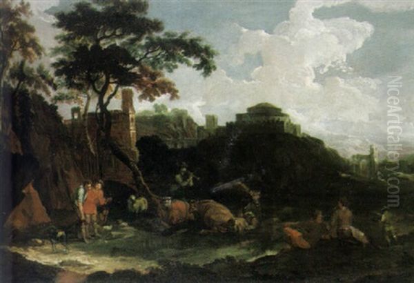 Sudliche Landschaft Mit Herde, Hirten Und Rastenden Bauern Vor Einer Festung Und Ruinenturm Oil Painting by Pieter Mulier the Younger