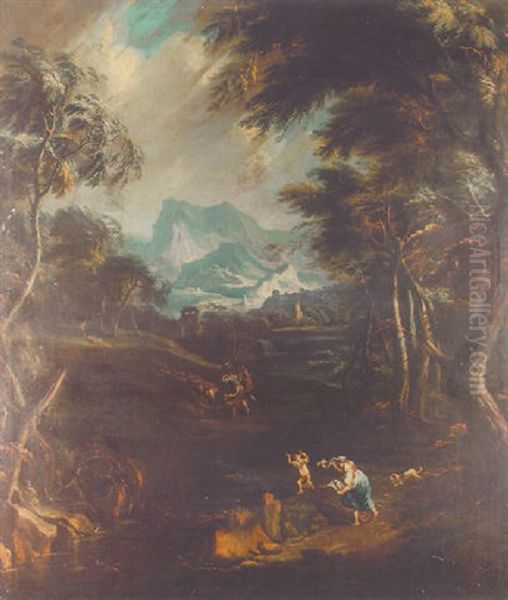 A Wooded River Landscape With Peasants And Farm Animals Fleeing From An Oncoming Storm Oil Painting by Pieter Mulier the Younger