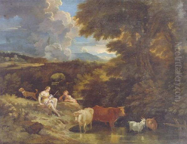 A Wooded Landscape At Sunset With Shepherdesses By A Stream Oil Painting by Pieter Mulier the Younger