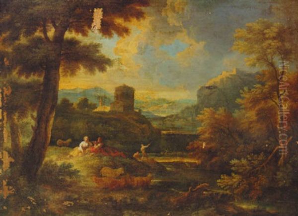 An Italianate Landscape With Shepherds Resting On A River Bank Oil Painting by Pieter Mulier the Younger