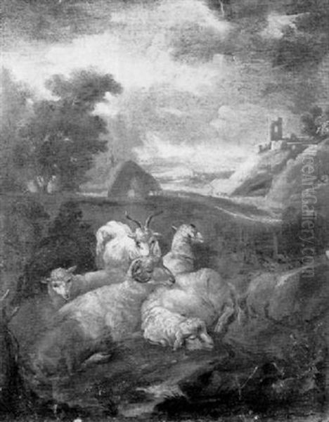 An Italianate Landscape With Goats And Sheep Resting In The Foreground Oil Painting by Pieter Mulier the Younger