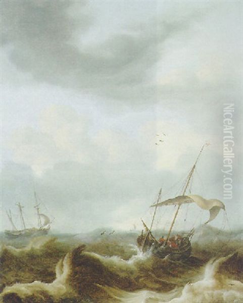 A Kaag And A Fluyt In A Storm Oil Painting by Pieter Mulier the Younger